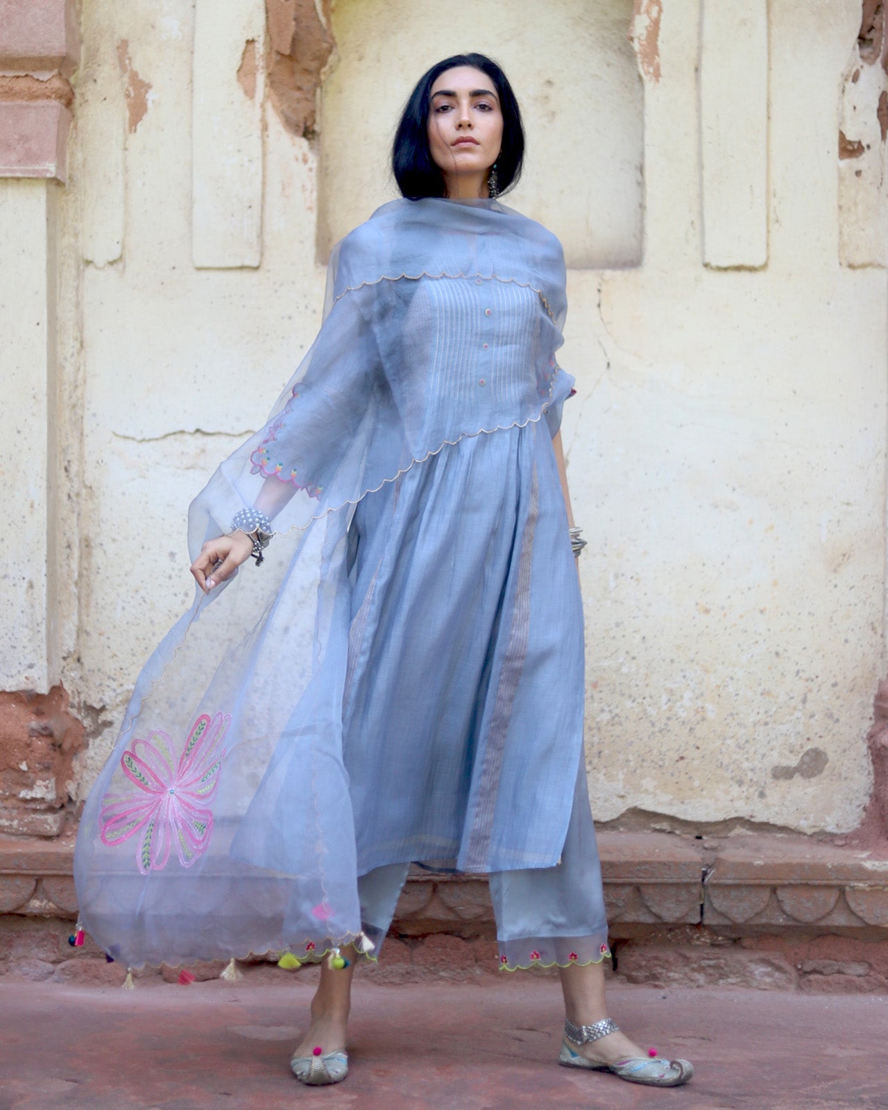 Zaynab Grey Pintuck Kurta Set