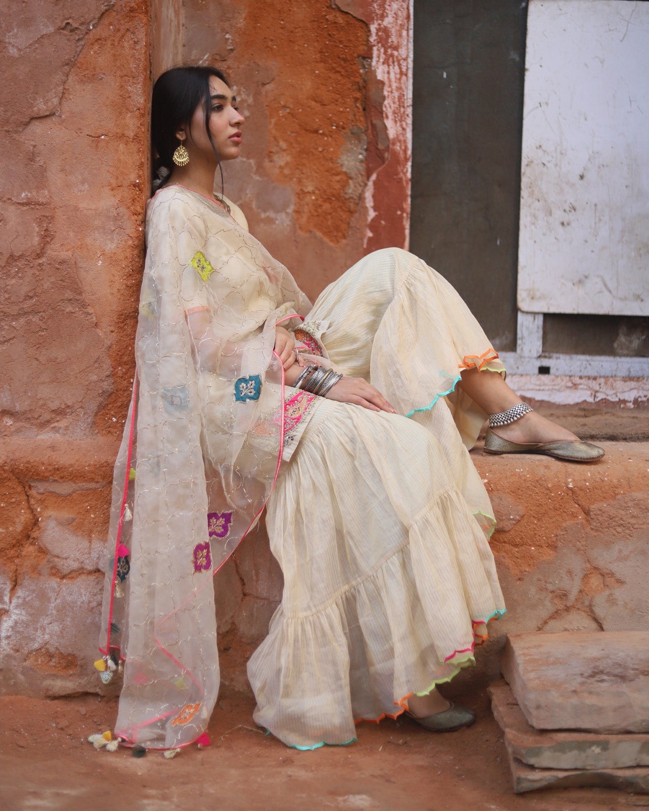 Nazneen Ivory Golden Paisley Gharara Set