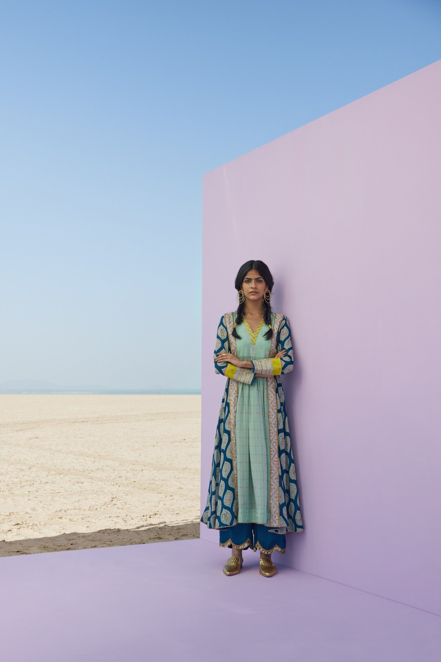 Winted Edit Teal Blue - Powder Blue Printed Panel Kurta Set