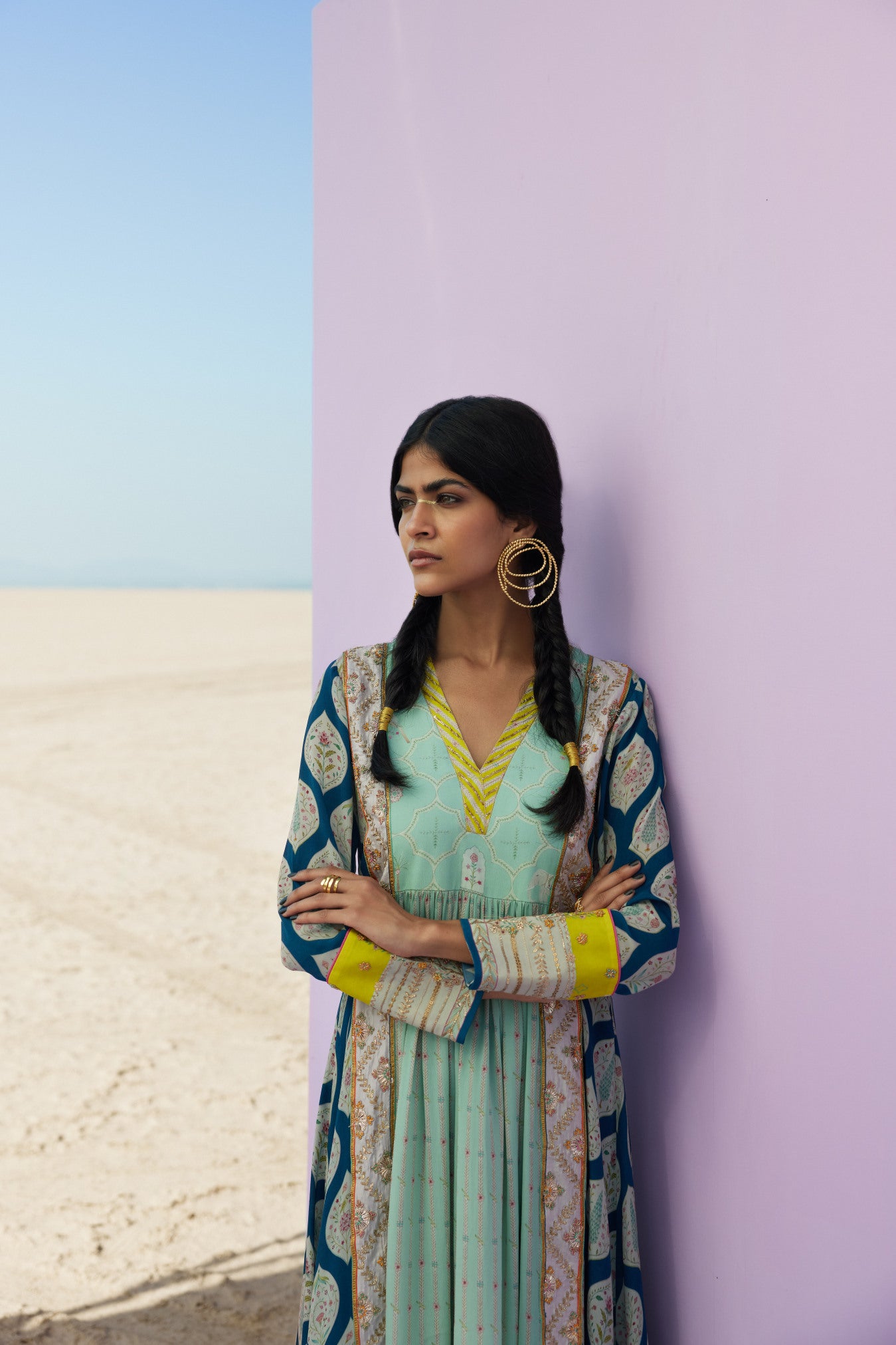 Winted Edit Teal Blue - Powder Blue Printed Panel Kurta Set