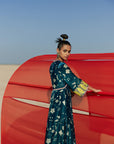 Teal Blue Printed Bell Sleeve Alia Bhatt Silk Velvet Kurta Set