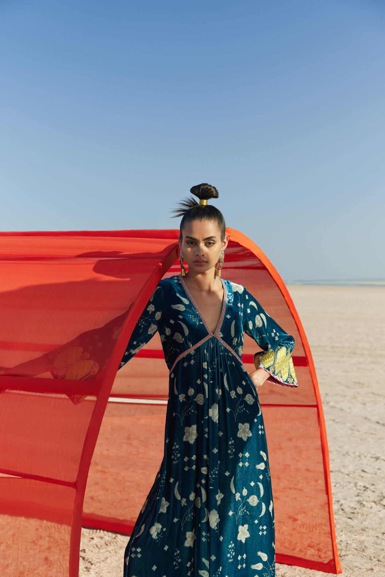 Teal Blue Printed Bell Sleeve Alia Bhatt Silk Velvet Kurta Set