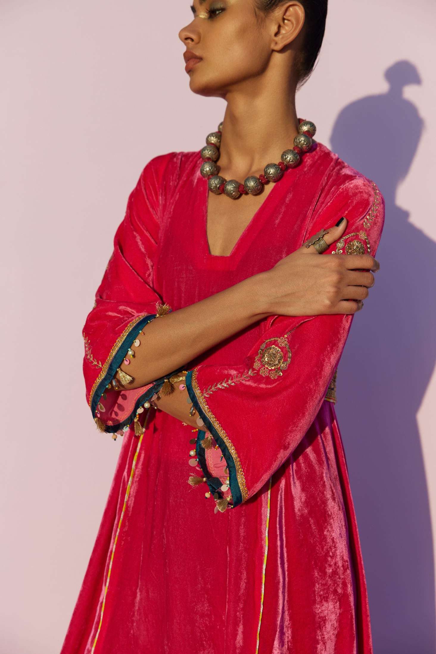 Fushia Side Kali Silk Velvet Kurta Set