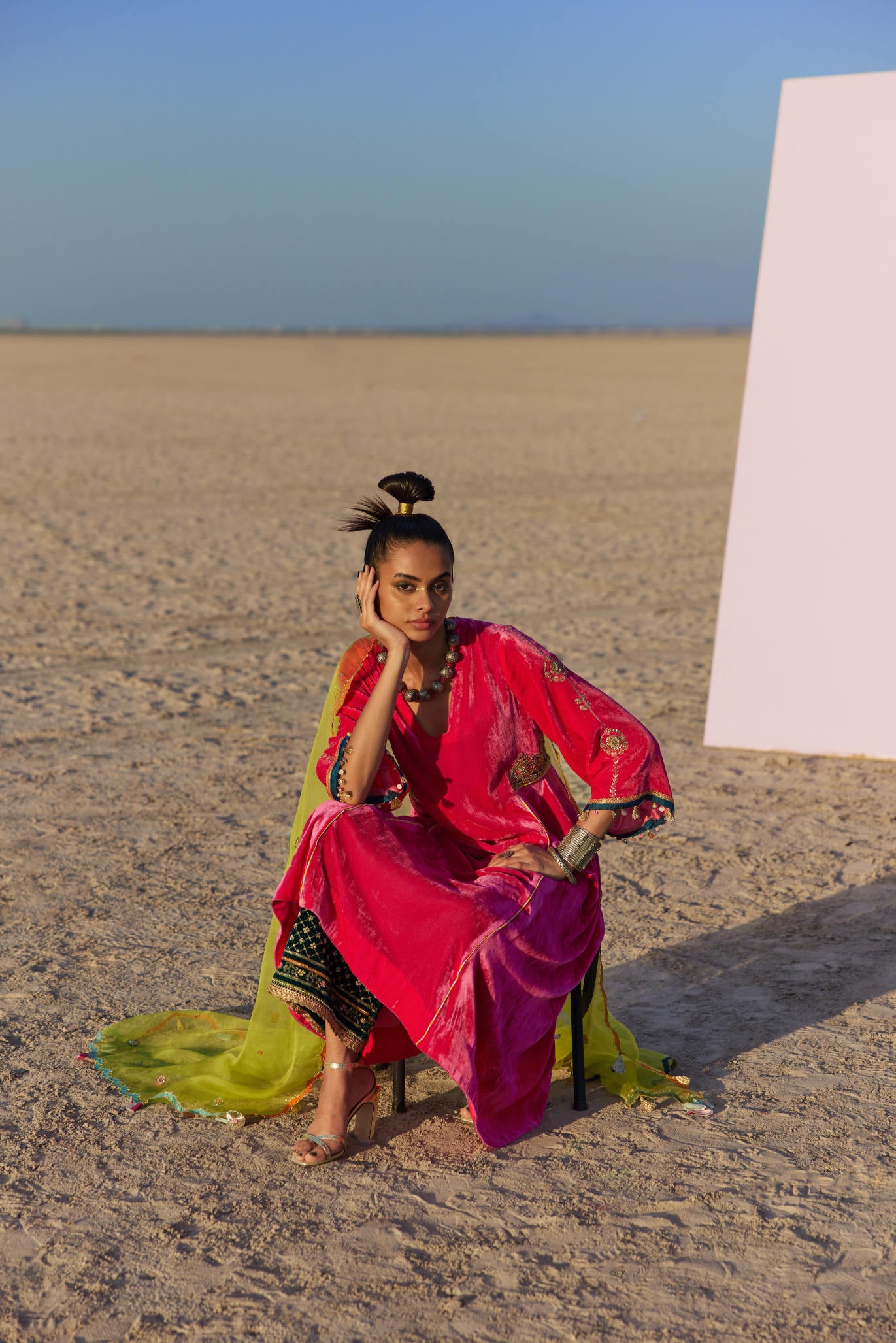 Fushia Side Kali Silk Velvet Kurta Set