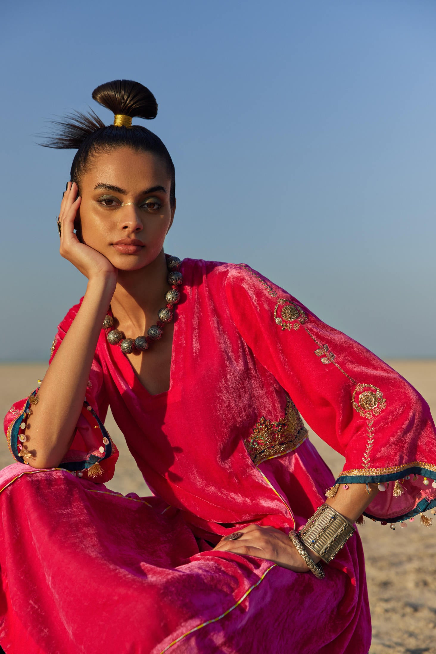 Fushia Side Kali Silk Velvet Kurta Set