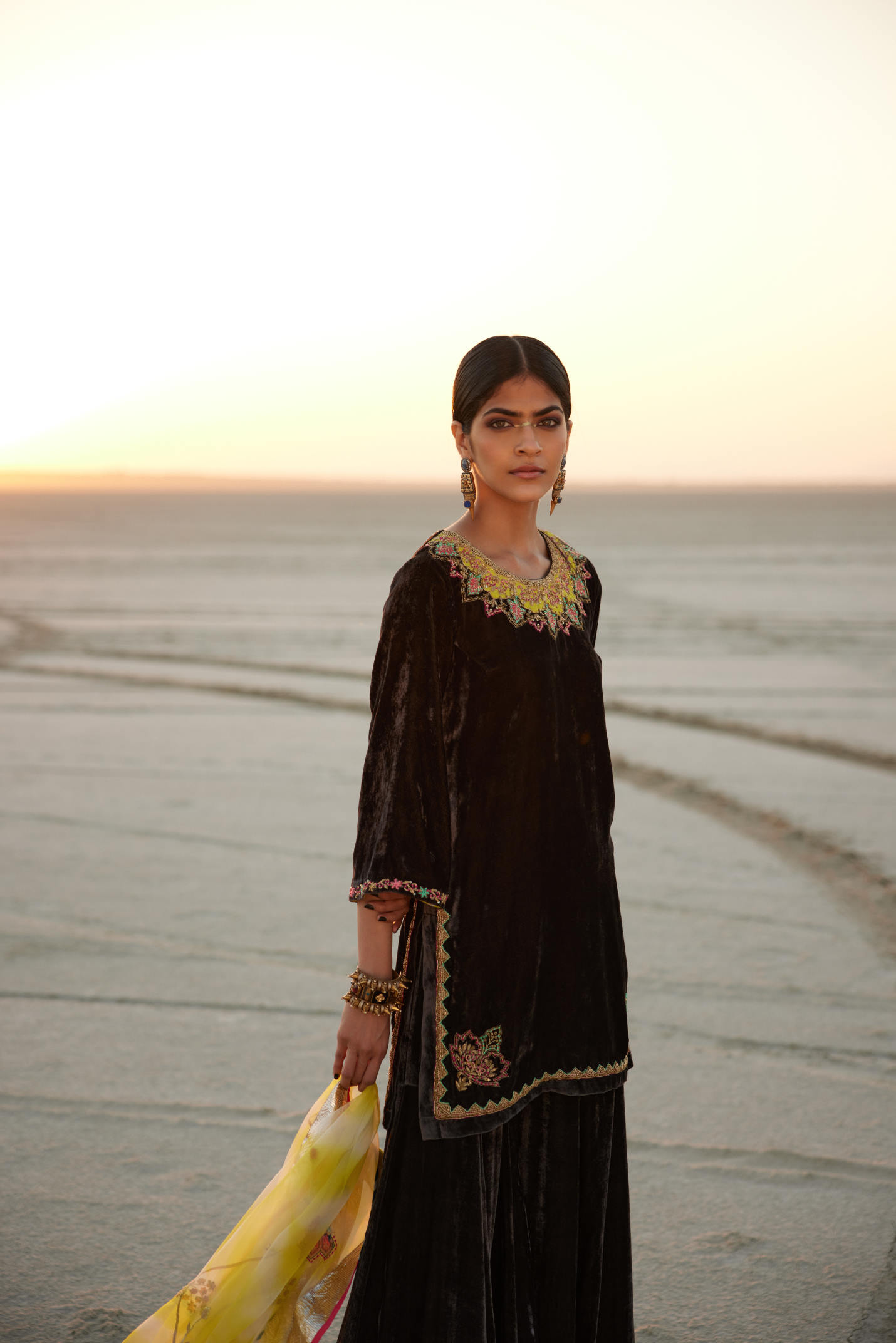 Charcoal Black Silk Velvet Sharara Set