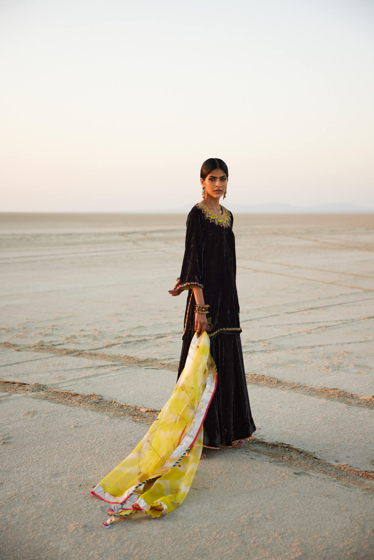 Charcoal Black Silk Velvet Sharara Set