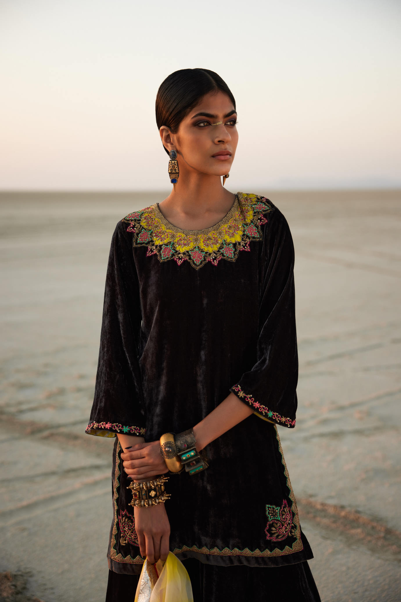 Charcoal Black Silk Velvet Sharara Set