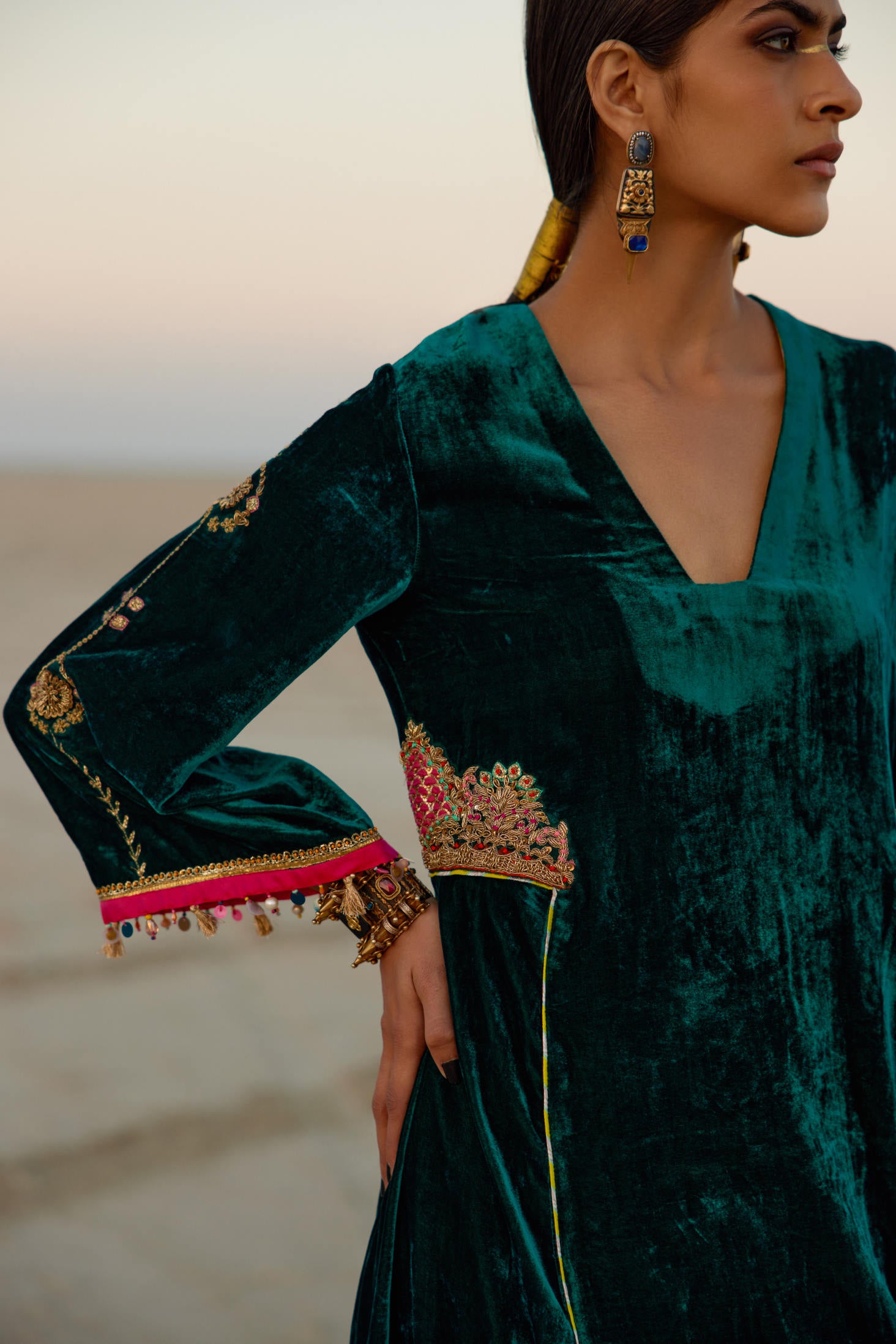 Turquoise Green Side Kali Silk Velvet Kurta Set