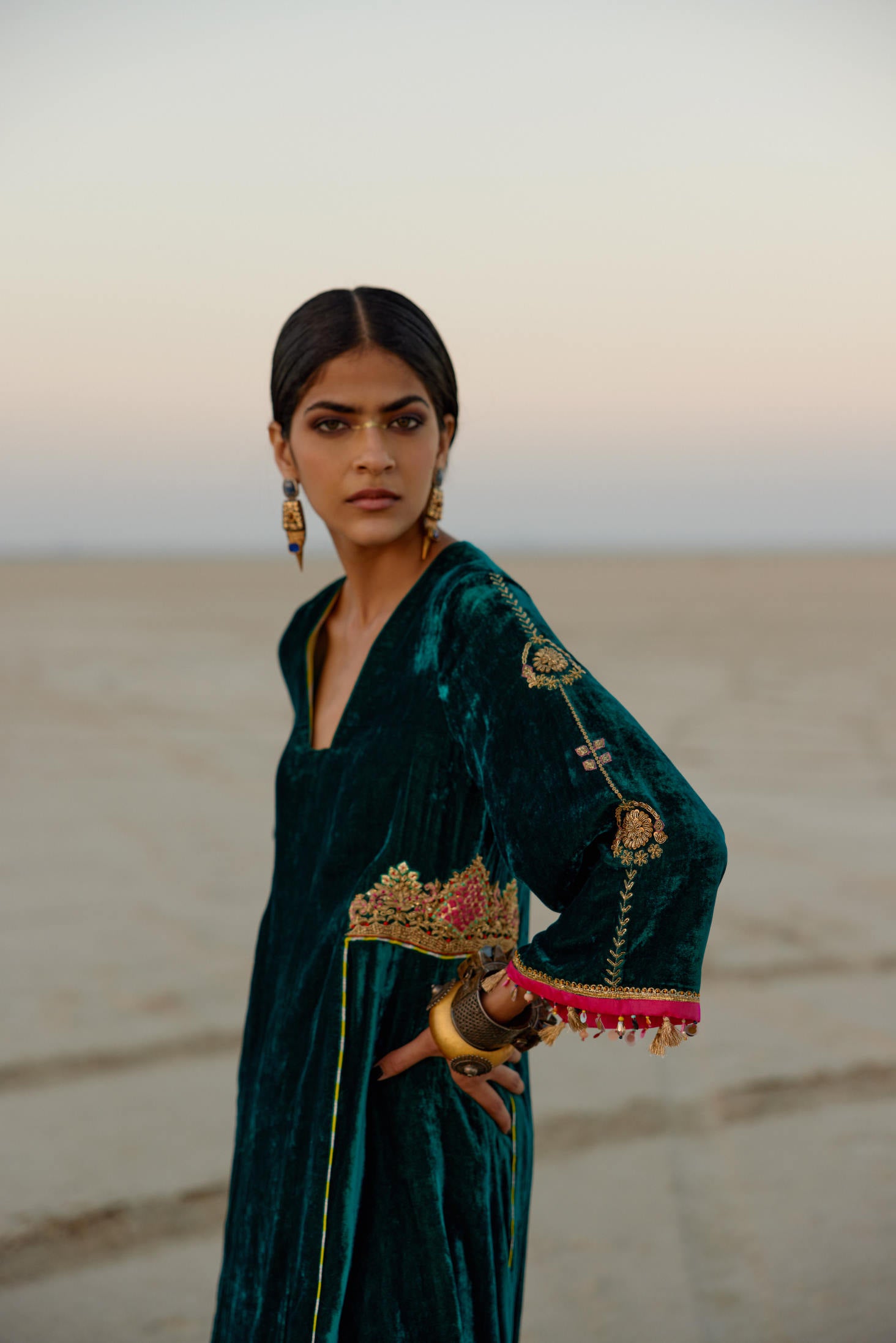 Turquoise Green Side Kali Silk Velvet Kurta Set