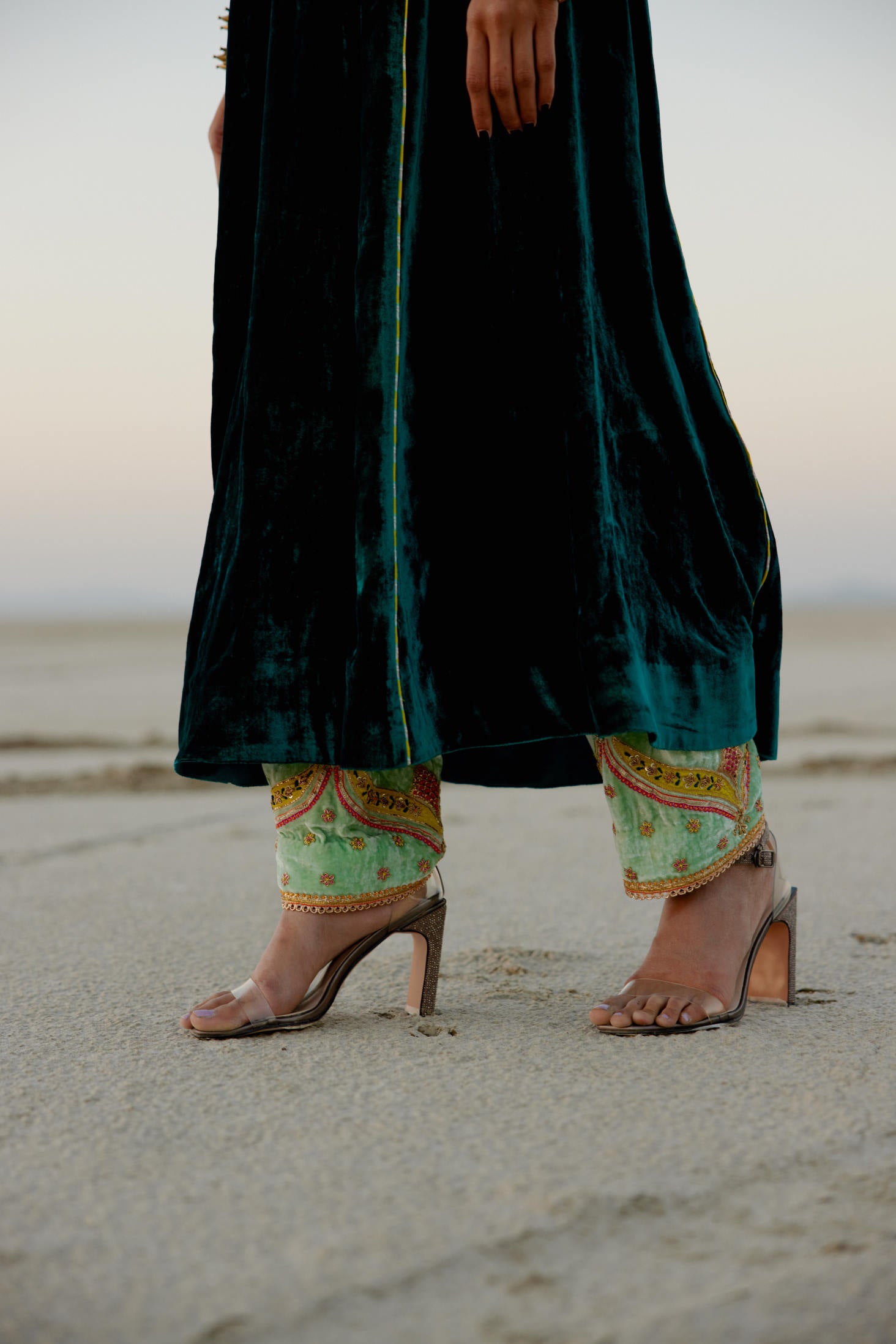 Turquoise Green Side Kali Silk Velvet Kurta Set