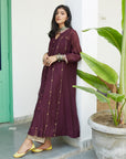 Firdaus Wine Collar Puckering Kurta Set