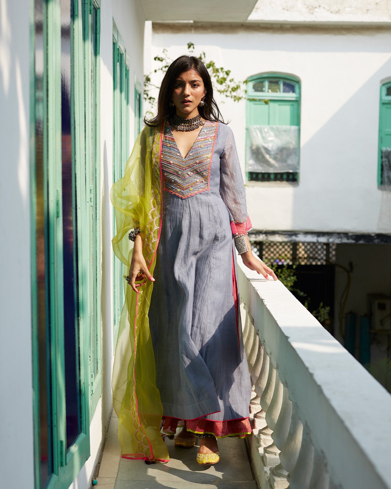 Firdaus Grey Side Slit Anarkali Set