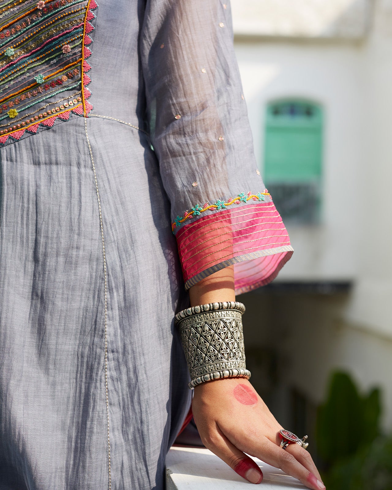 Firdaus Grey Side Slit Anarkali Set