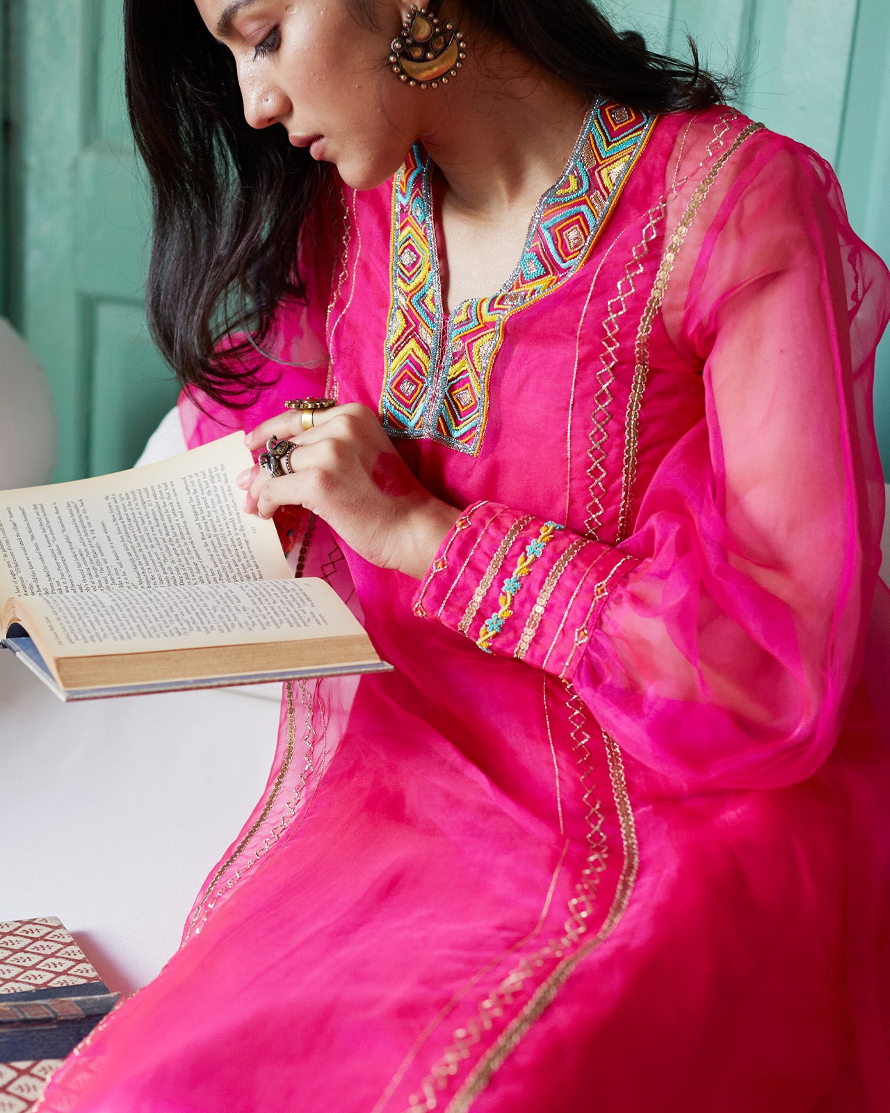 Firdaus Hot Pink A-line organza Set