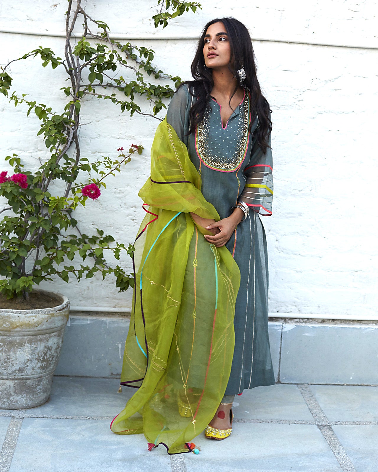 Firdaus Olive Green Sequence Yoke Kurta Set