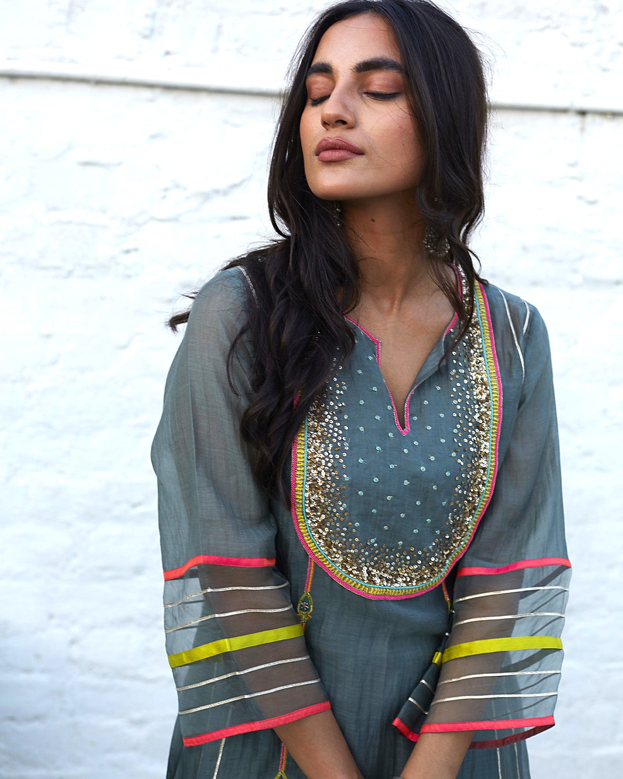 Firdaus Olive Green Sequence Yoke Kurta Set