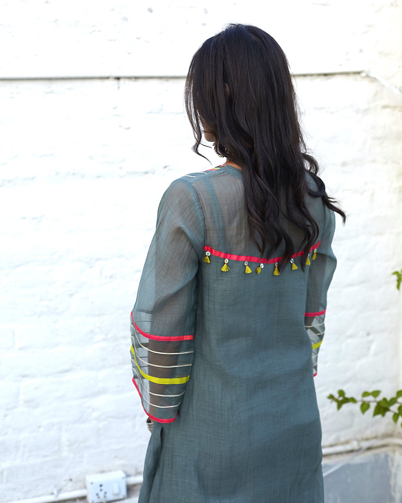 Firdaus Olive Green Sequence Yoke Kurta Set
