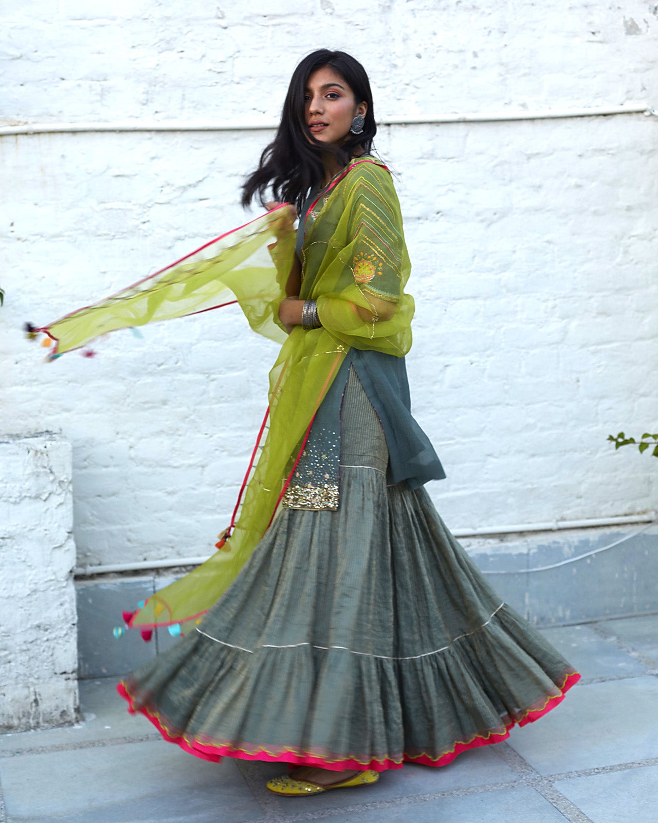 Firdaus Olive Green Gharara Set