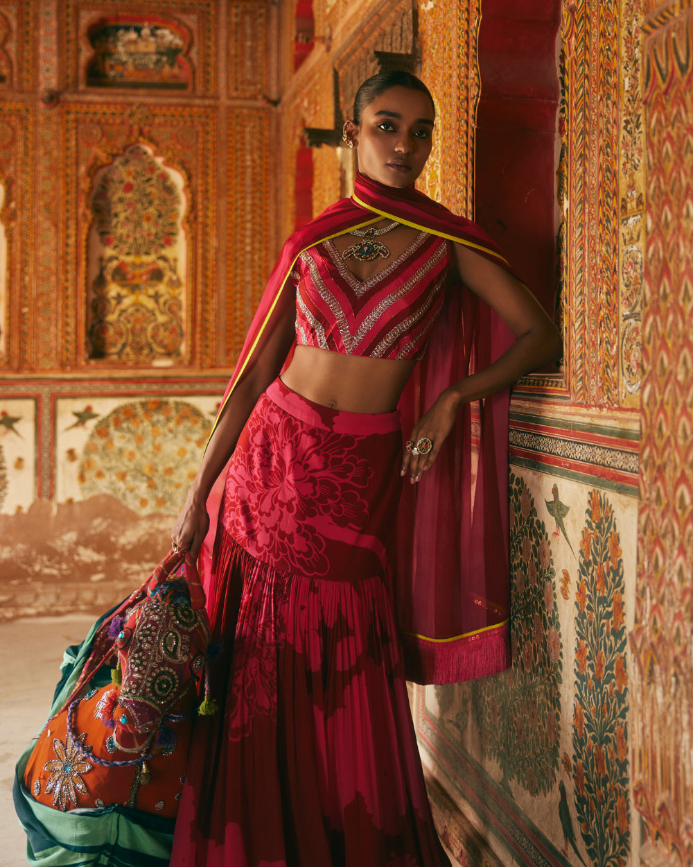 Khel Pink And Red Printed Lehenga