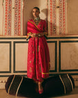 Khel Hot Pink Red Shadow Print Front Puckering Kurta Set