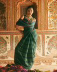 Khel Teal Green Stripe Saree With Waistcoat Blouse