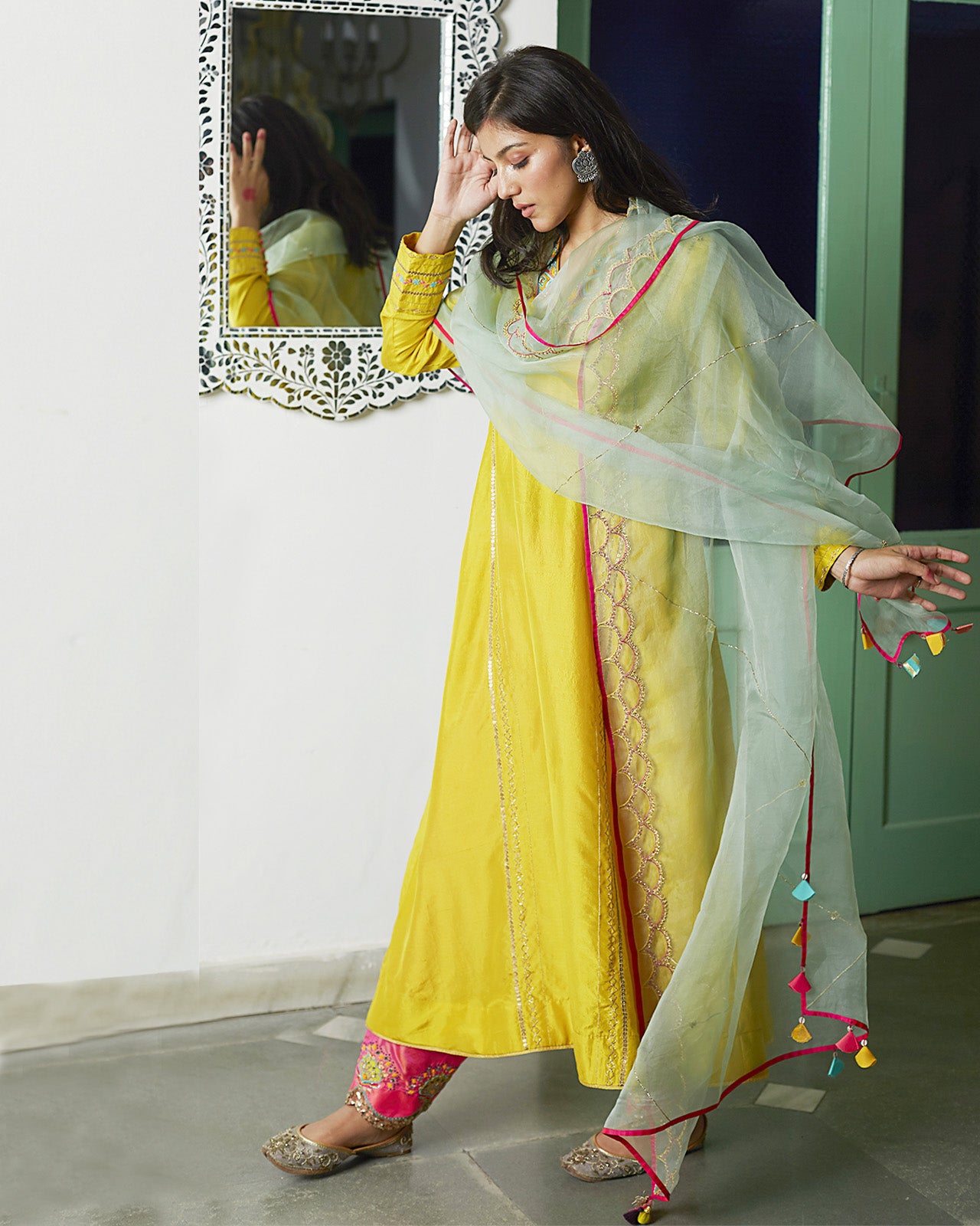 Firdaus Yellow A-line Dupion Set