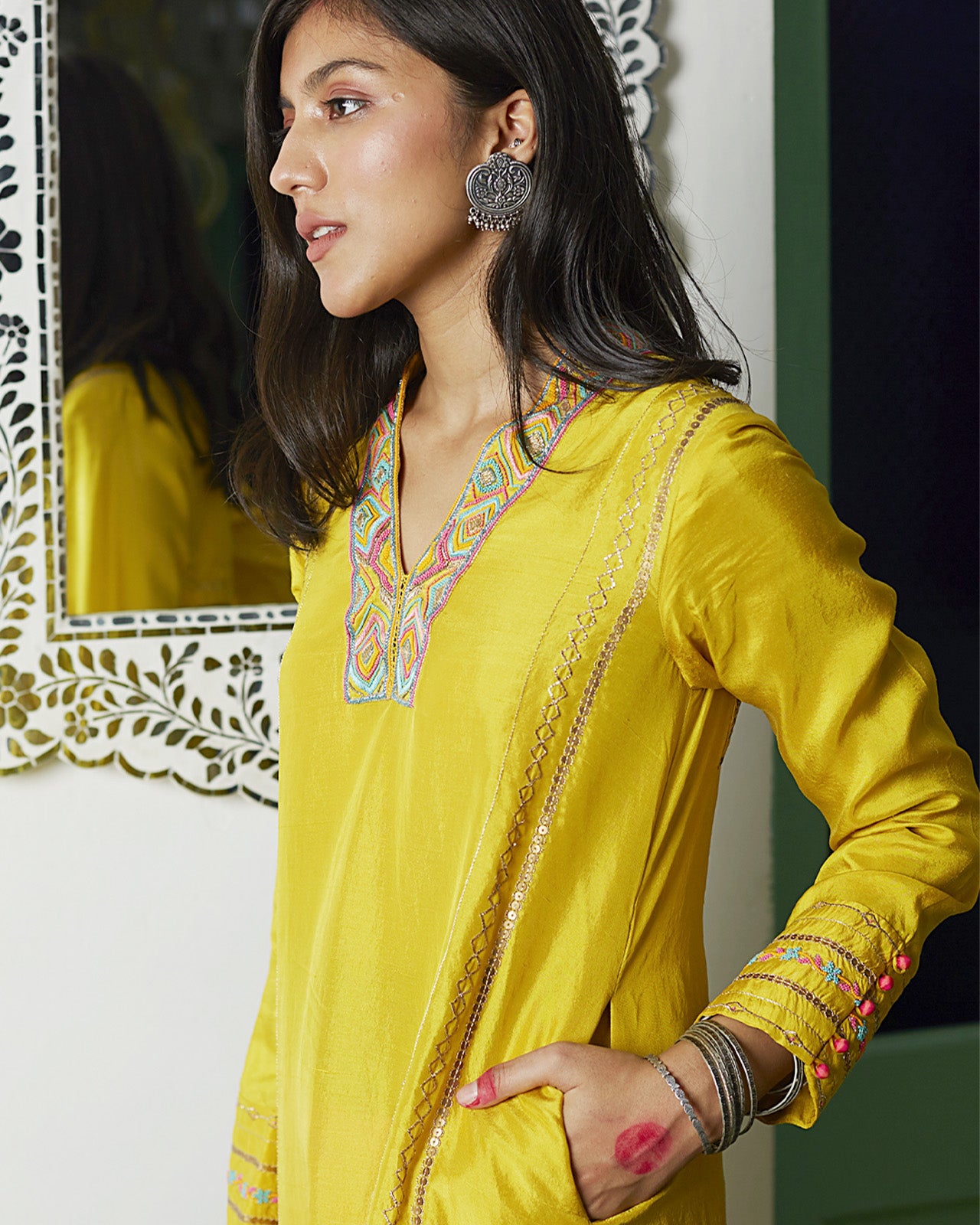 Firdaus Yellow A-line Dupion Set