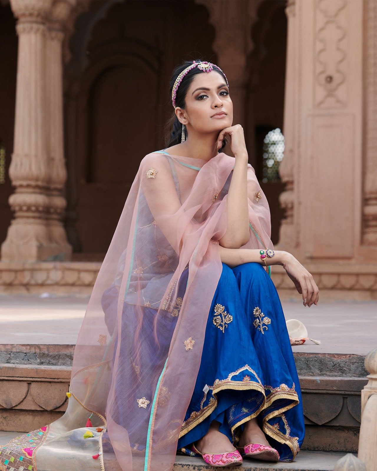 Zahra Moonlight Blue Check Kurta Gharara Set