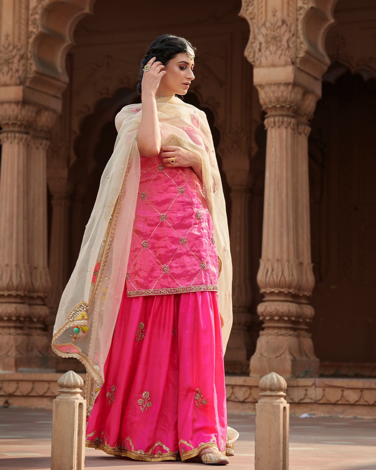 Zahra Hot Pink Check Kurta Gharara Set
