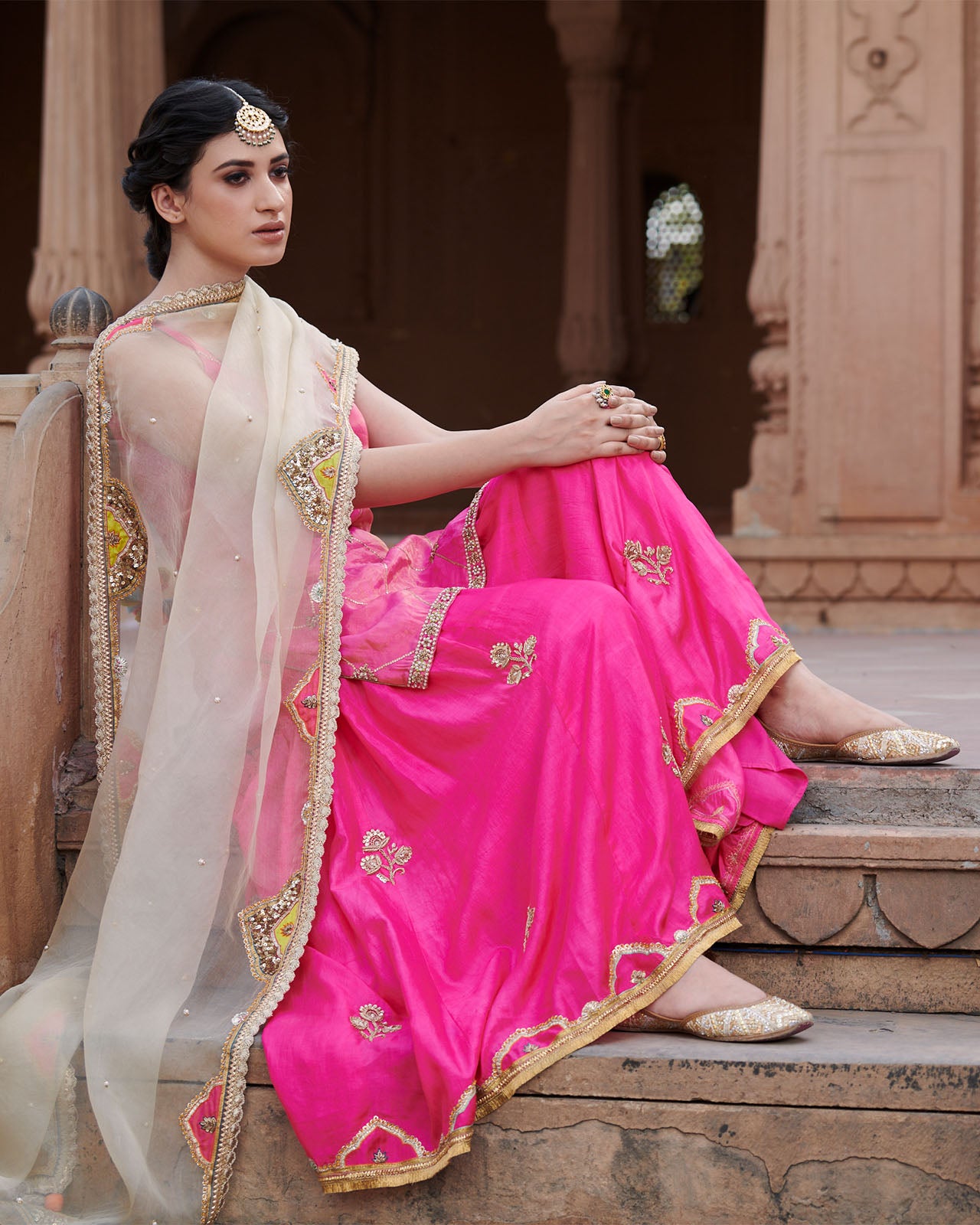 Zahra Hot Pink Check Kurta Gharara Set