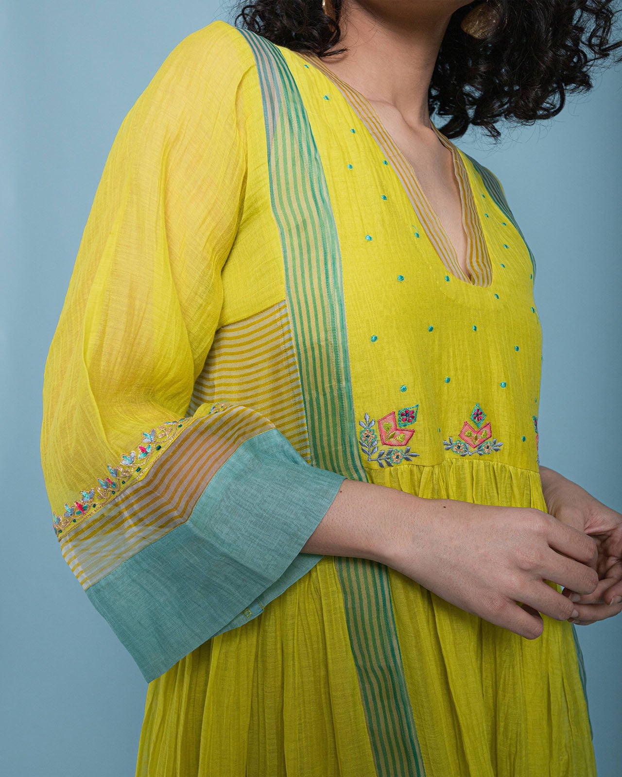 Life In Pink Yellow Side Puckering Kurta Set