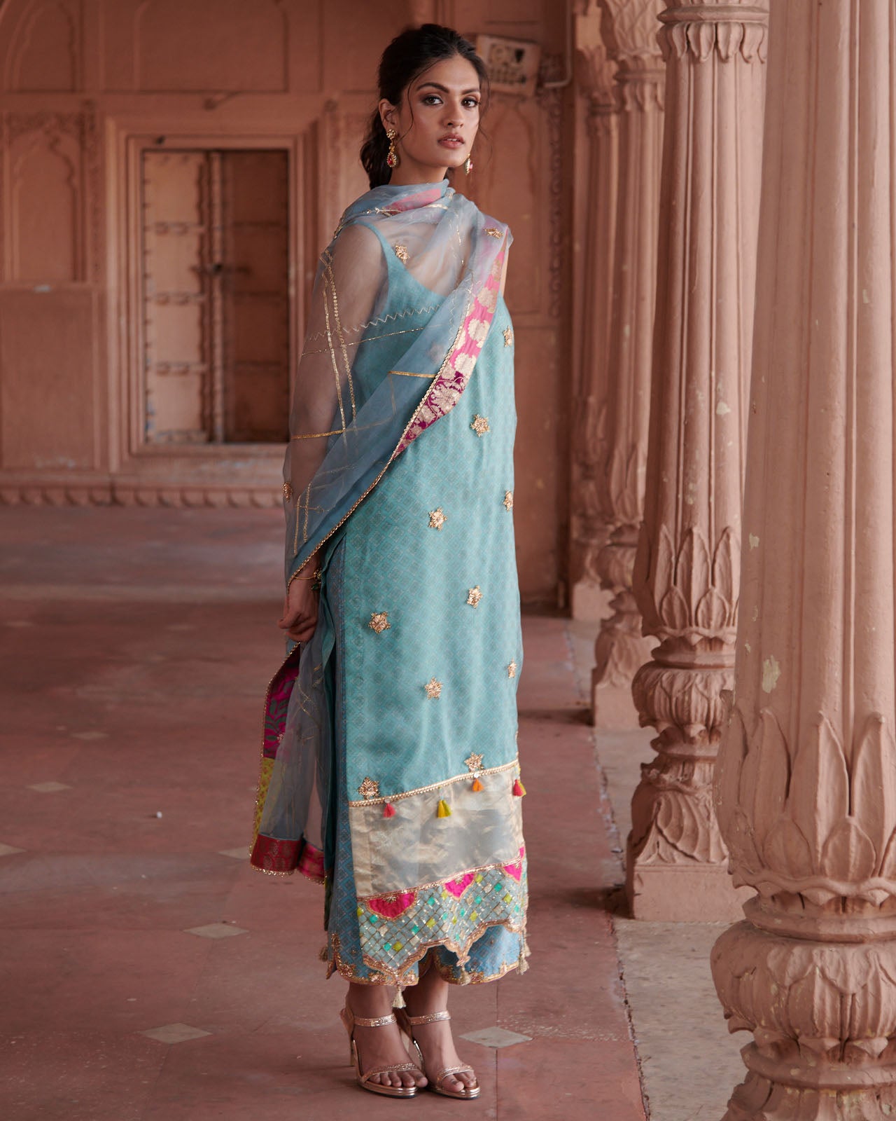 Zahra Ice Blue Printed Organza Panel Kurta Set
