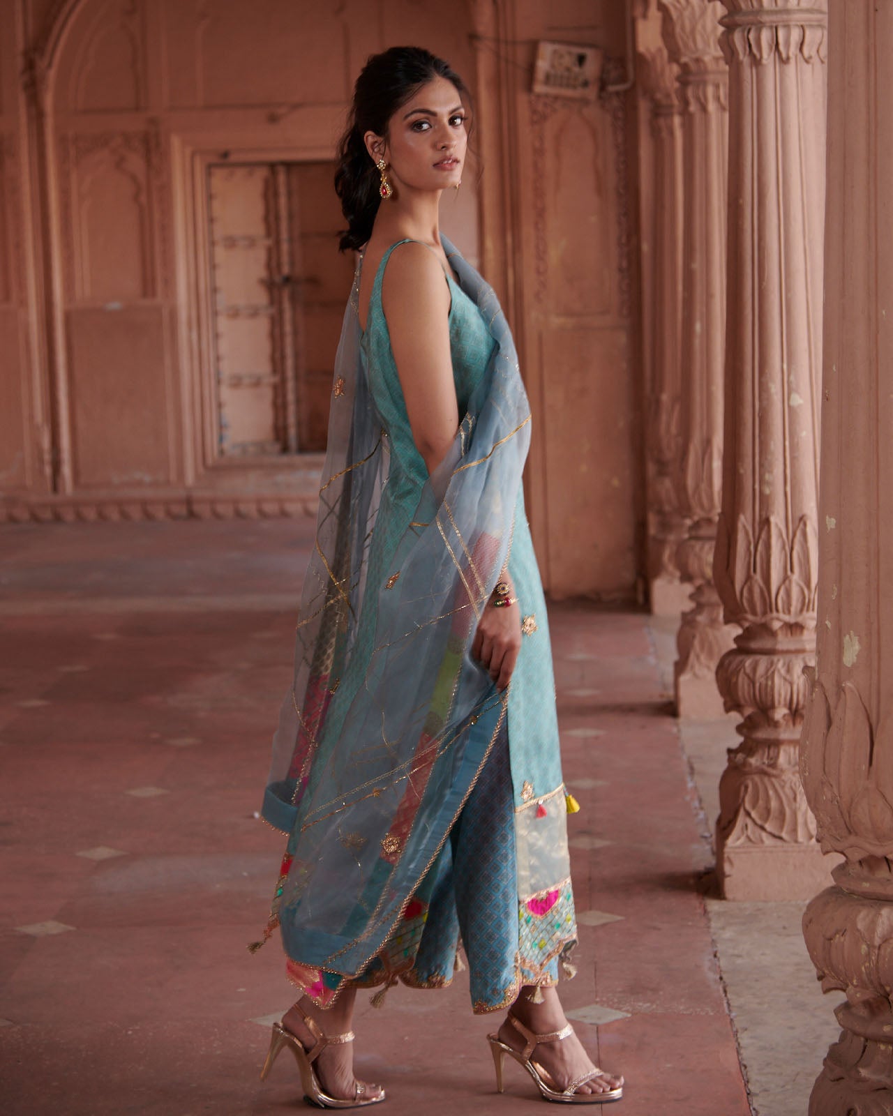 Zahra Ice Blue Printed Organza Panel Kurta Set