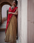 Zahra Antique golden-Jester Red Lehenga