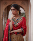 Zahra Antique golden-Jester Red Lehenga