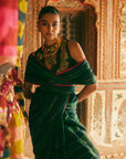 Khel Teal Green Stripe Saree With Waistcoat Blouse