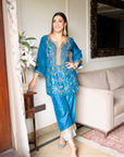 Parisa Barkzi in Mastani Yoke Jaal Teal Blue Silk Short Kurta Set