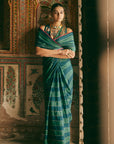 Khel Teal Green Stripe Saree With Waistcoat Blouse