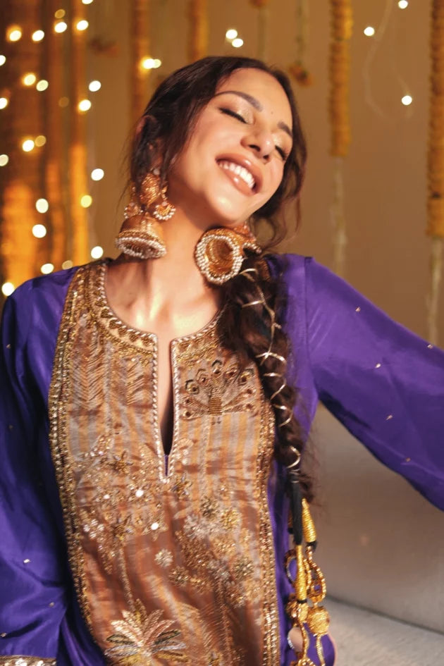 Purple Long Antique Yoke Kurta Set