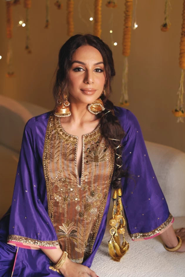 Purple Long Antique Yoke Kurta Set