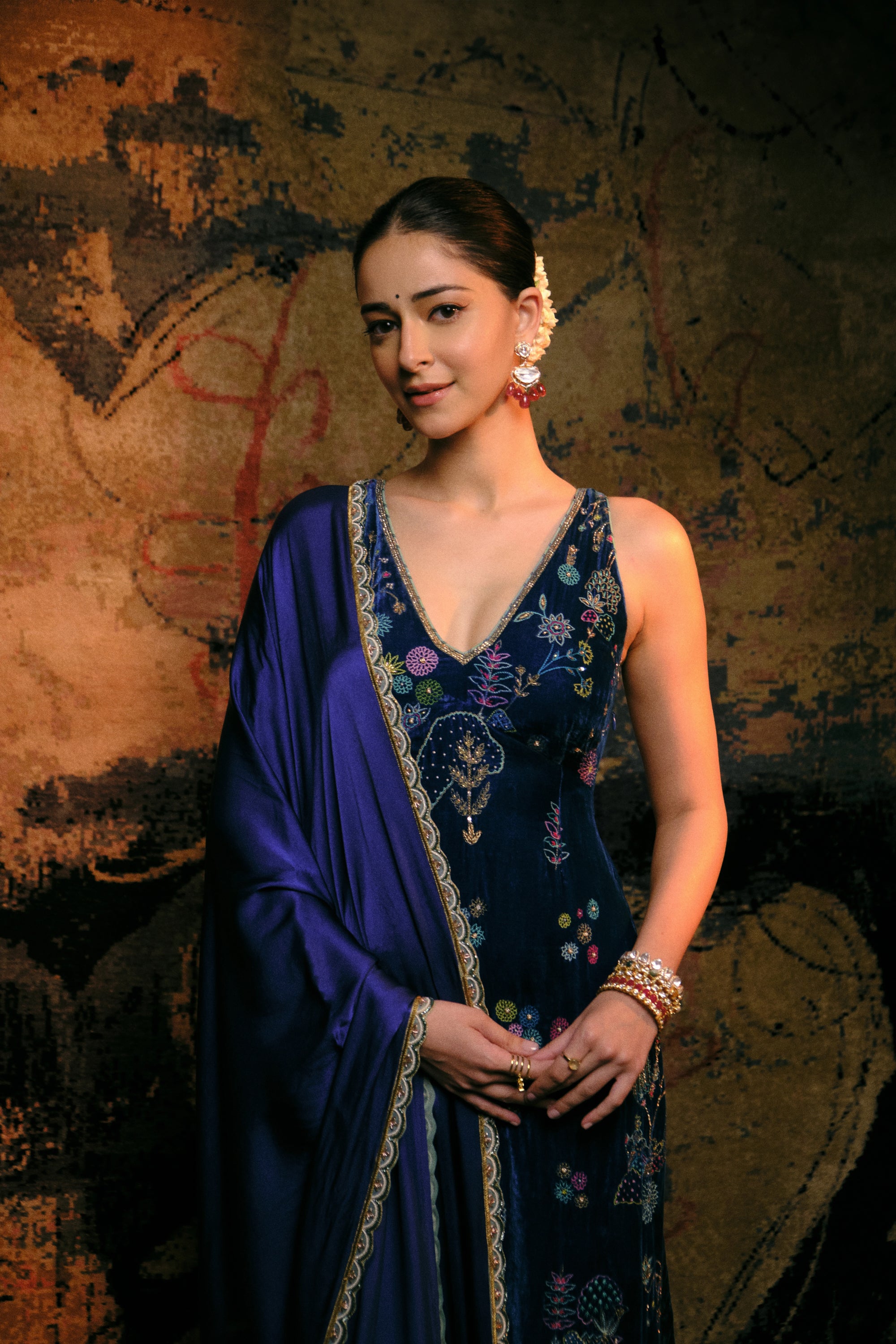 Ananya Panday Velvet Blue Kurta Set