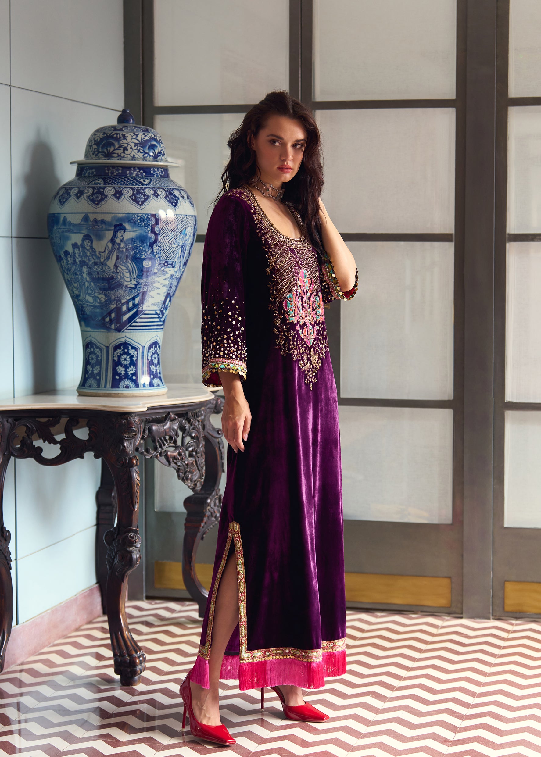 After Hours Purple Boota Yoke Velvet Kaftan Dress After Hours Purple Boota Yoke Velvet Kaftan Dress