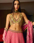 After Hours Pink Mirror Work Blouse With Printed Organza Lehenga Set