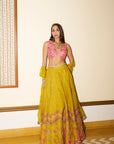 After Hours Hot Pink Cutwork Blouse And Yellow Embroidered Lehenga Set