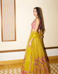 After Hours Hot Pink Cutwork Blouse And Yellow Embroidered Lehenga Set