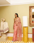 After Hours Embroidered Nude Pink Printed Organza Saree Set