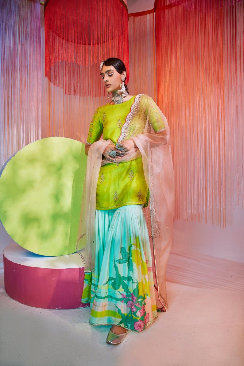Bright Green Orchid Gharara Set