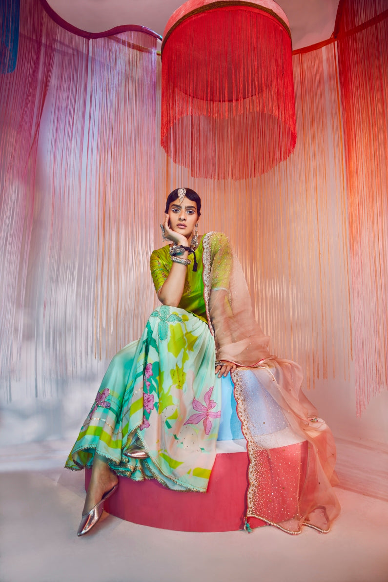 Bright Green Orchid Gharara Set