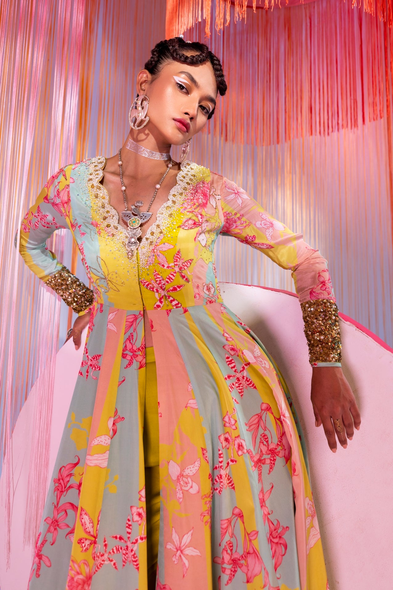 Lime Yellow Orchid Anarkali Set